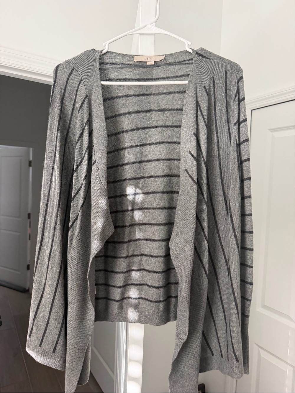 LOFT Gray Striped Open-Front Draped Cardigan